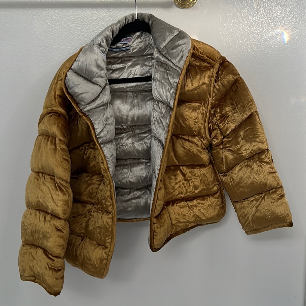 Velvet gold and silver puffer coat